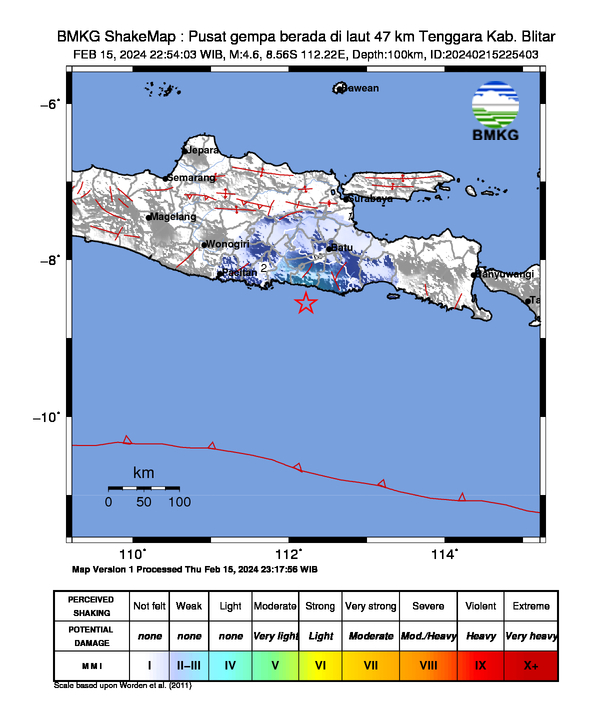 infoBMKG's tweet photo. #Gempa (UPDATE) Mag:4.6, 15-Feb-24 22:54:03 WIB, Lok:8.56 LS, 112.22 BT (Pusat gempa berada di laut 47 km Tenggara Kab. Blitar), Kedlmn:100 Km Dirasakan (MMI) II Blitar, II Karangkates, II Trenggalek, II Malang, II Pacitan #BMKG https://t.co/XeGDs4ndaX