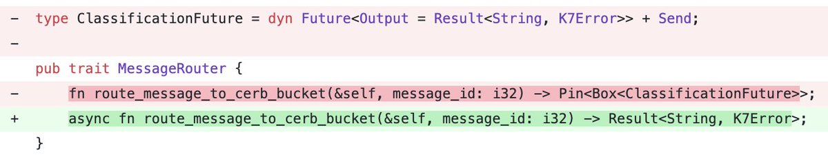 Oh I just refactored some Rust code to use the recently stabilized async fn in traits and it’s glorious! 😍 Thank you 🦀 friends for your tireless work. 🥰