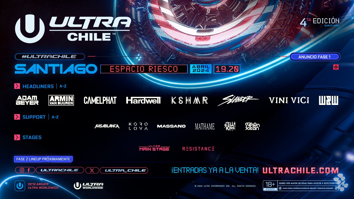 Ultra_Chile's tweet image. 🚨ATENCIÓN CHILE🚨
Con mucha emoción les presentamos la fase 1 de artistas confirmados para ULTRA CHILE 2024

¡No te quedes fuera!
🏷 Entradas disponibles en ultrachile.com