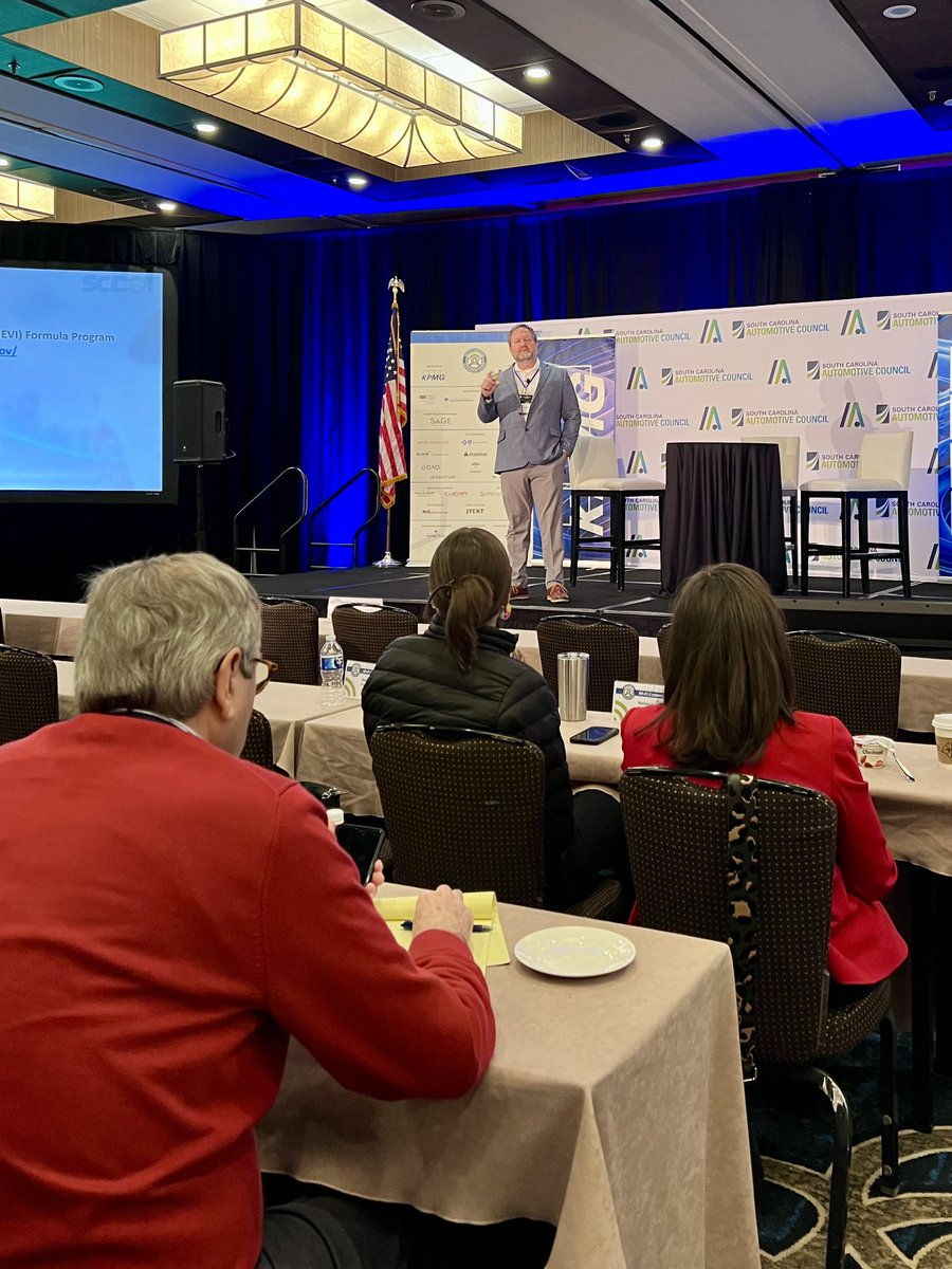 SCManufacturers's tweet photo. Closing out the 2024 SC Automotive Summit with an update on SC’s EV Infrastructure Plan from Rob Bedenbaugh of @SCDOTPress. This will be the year of action in implementing the NEVI Plan in SC. #SCAutoSum24 https://t.co/Z8SOTA6YE9