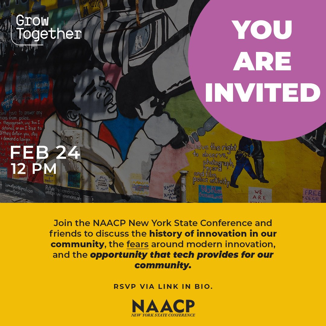 Join the NAACP New York State Conference and friends to discuss the history of innovation in our community, the fears around modern innovation, and the opportunity that tech provides for our community. RSVP: lu.ma/1s2vuhwz
