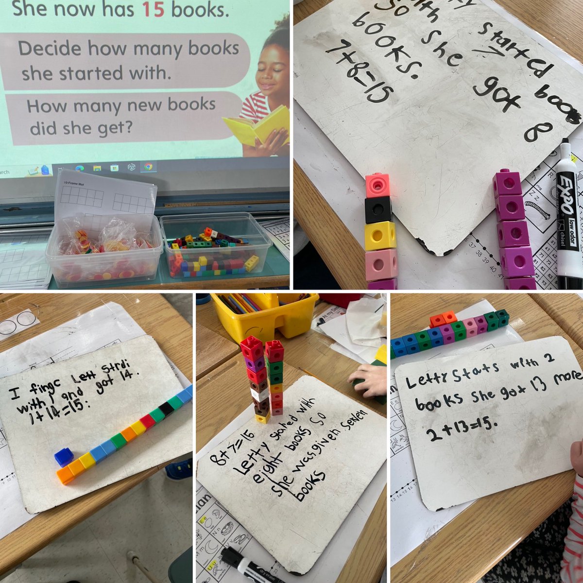 msb_ldsb's tweet image. Grade 1 are showing their understanding of composing and decomposing a number by demonstrating their thinking with chosen math tools, representing solutions with equations and communicating their final answers in writing #mathup