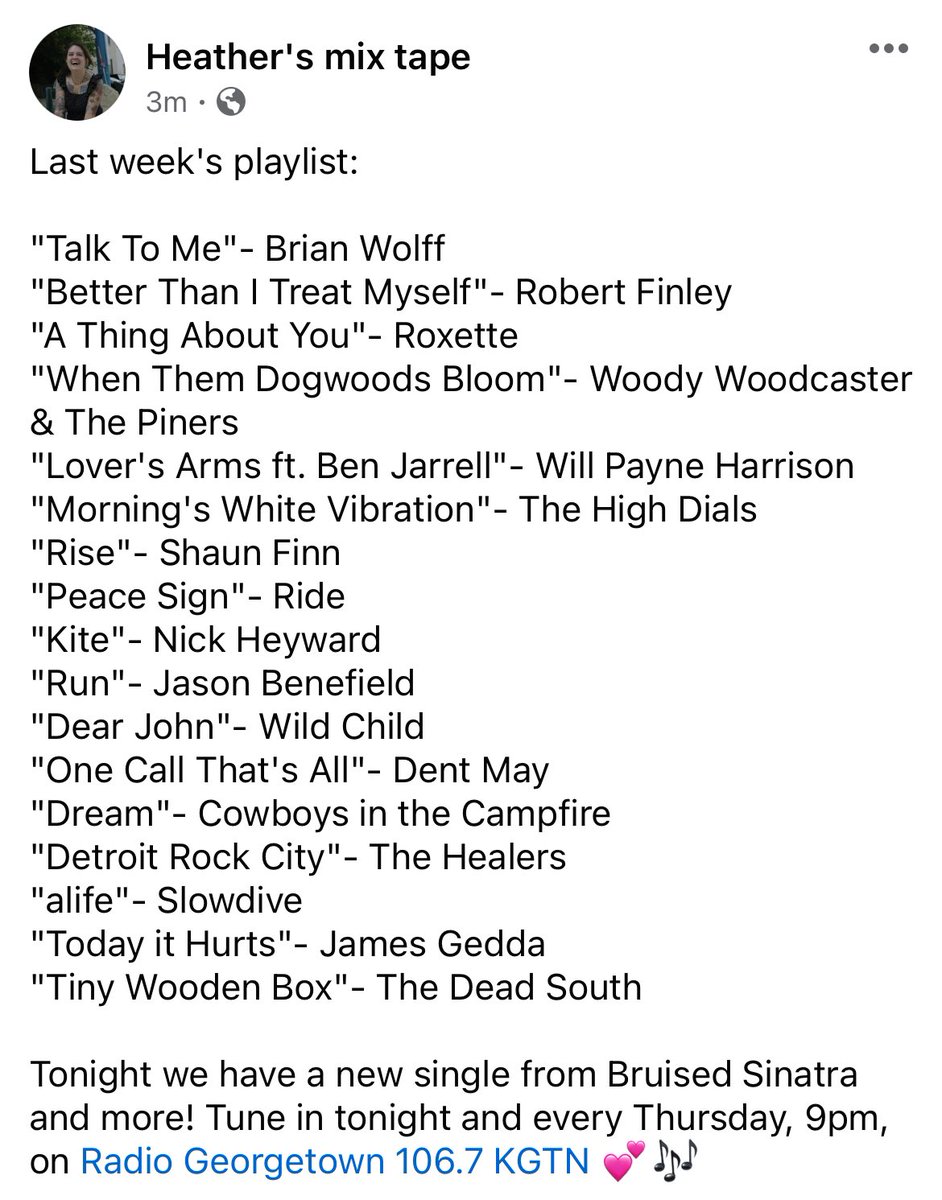 Last week: @BrianWolffMusic @therobertfinley, @TheRealRoxette, @WoodyWoodcaster, @WillPHarrison, @BenJarrellMusic, @TheHighDials, @shaunfinnmusic, @rideox4, @NickHeyward, @jasonbenefield, @wildchildsounds, @dentmay, @tommy_stinson, @slowdiveband, @JamesGedda on @KGTNGeorgetown