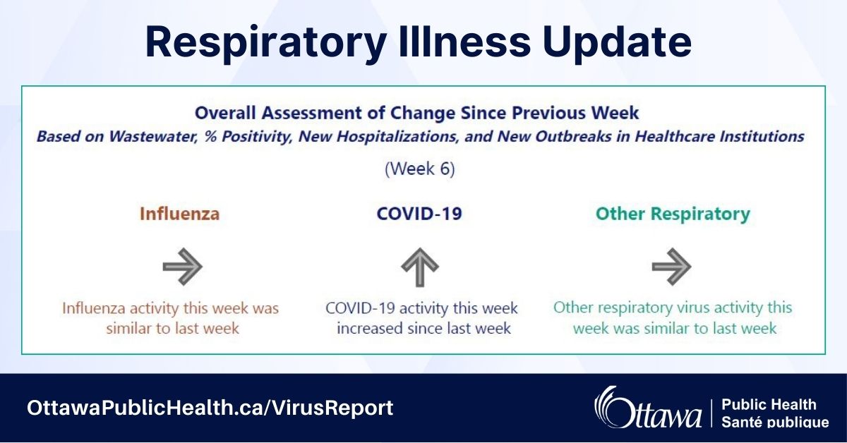 Here’s what we’re seeing in Ottawa this week: COVID-19 activity is high and increasing since last week. Influenza activity is high and RSV activity is moderate – both similar to last week.
