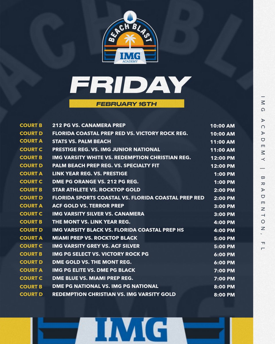 IMGABasketball's tweet photo. Beach Blast is here‼️

3 days of non-stop action and high level basketball this weekend in Bradenton

Tickets: https://t.co/XHAbyQPCyV

Live Stream: https://t.co/odnTO2oeN1 https://t.co/PPu10OXa17