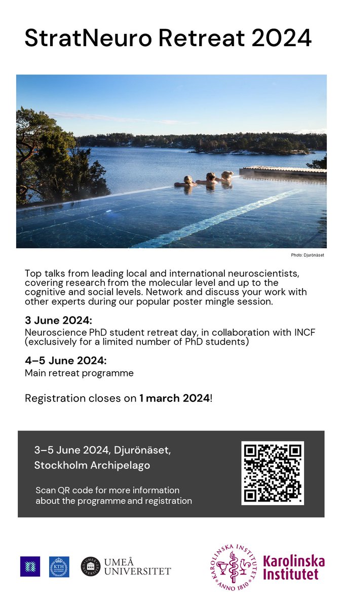 Registrations are now open to the 2024 StratNeuro Retreat. Deadline 1st March!👉ki.se/en/research/an…