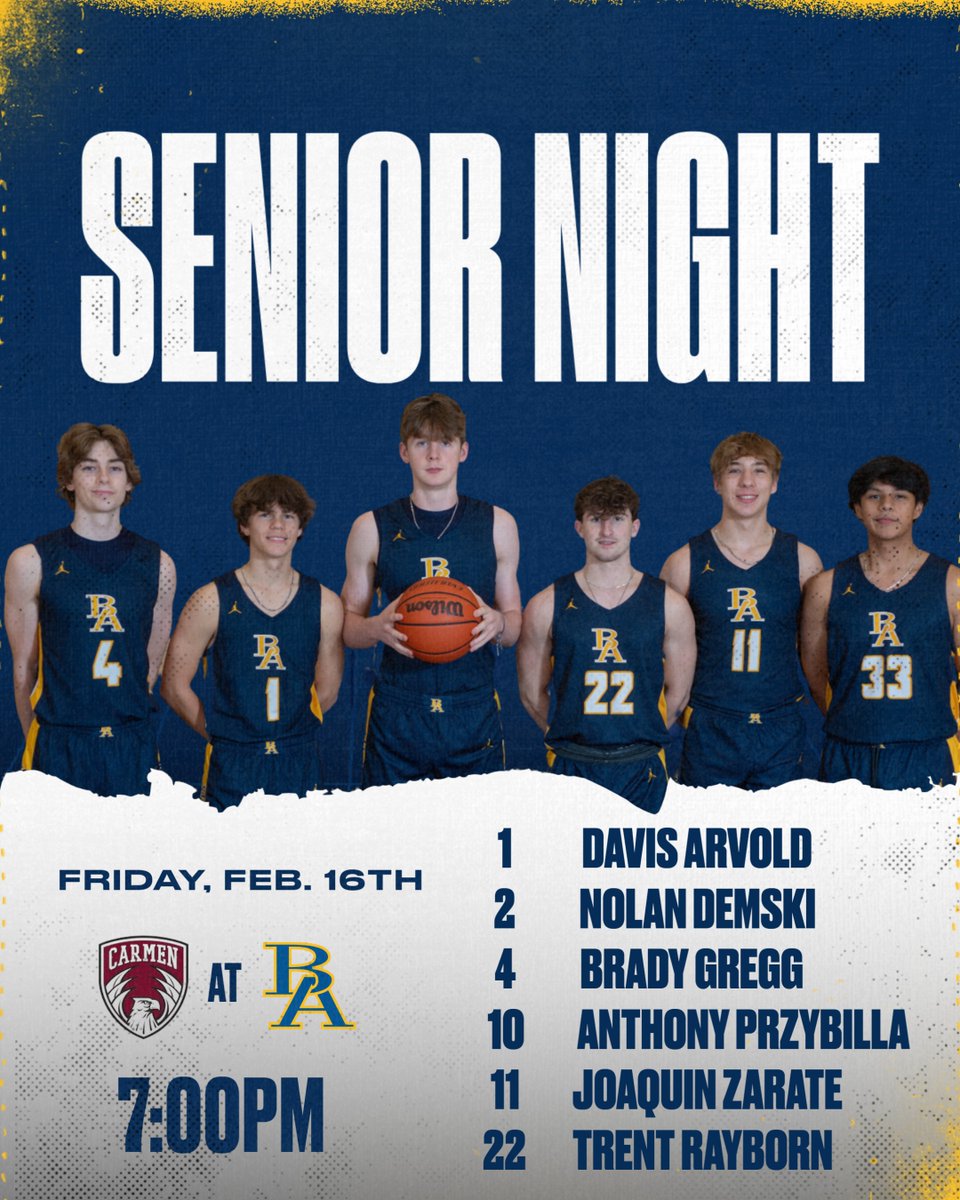 Senior Night for Boys Basketball Tomorrow! Come on out and cheer on your seniors at 7:00pm in Patriots Hall!

#wisbb #brookfieldacademywi #bafivestars