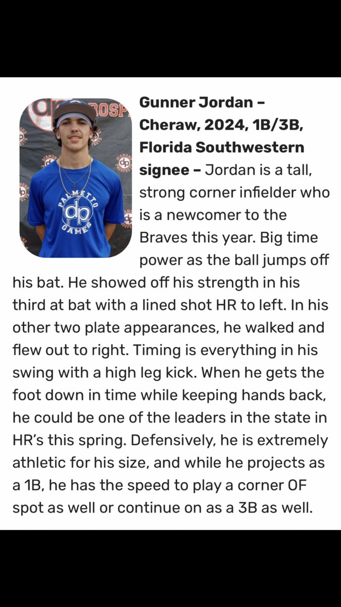 Gunner Jordan (@gunnerjordan5) on Twitter photo Thank you <a href="/diamondprospect/">Diamond Prospects</a> and <a href="/durq/">Derick Urquhart</a> for the write up <a href="/Cheraw_Baseball/">Cheraw Braves Baseball</a> <a href="/ZacCole_/">Zac Cole</a> <a href="/BenConnor9/">Ben Connor</a> <a href="/DiamondElit3/">Diamond Elite</a> Thank you <a href="/diamondprospect/">Diamond Prospects</a> and <a href="/durq/">Derick Urquhart</a> for the write up <a href="/Cheraw_Baseball/">Cheraw Braves Baseball</a> <a href="/ZacCole_/">Zac Cole</a> <a href="/BenConnor9/">Ben Connor</a> <a href="/DiamondElit3/">Diamond Elite</a>