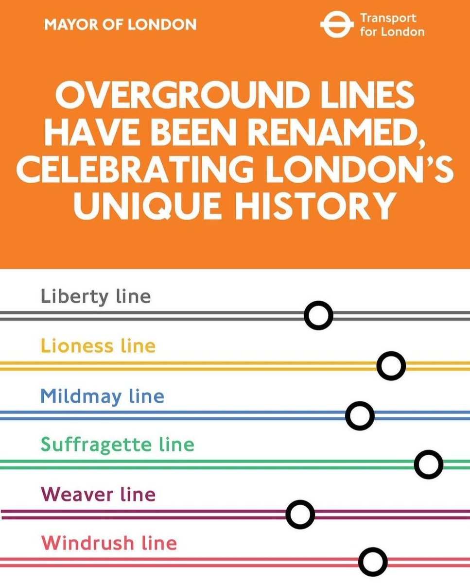 LDN_Culture's tweet photo. All aboard! @MayorofLondon &amp; @TfL announce 6 new names &amp; line colours on London's Overground, in a bid to make travel easier for Londoners &amp; visitors across the route.

From Lioness to Liberty, Weaver to Windrush - which one will you be travelling on?🚆
https://t.co/BVuFhiqih6 https://t.co/rZy3DwLWEo
