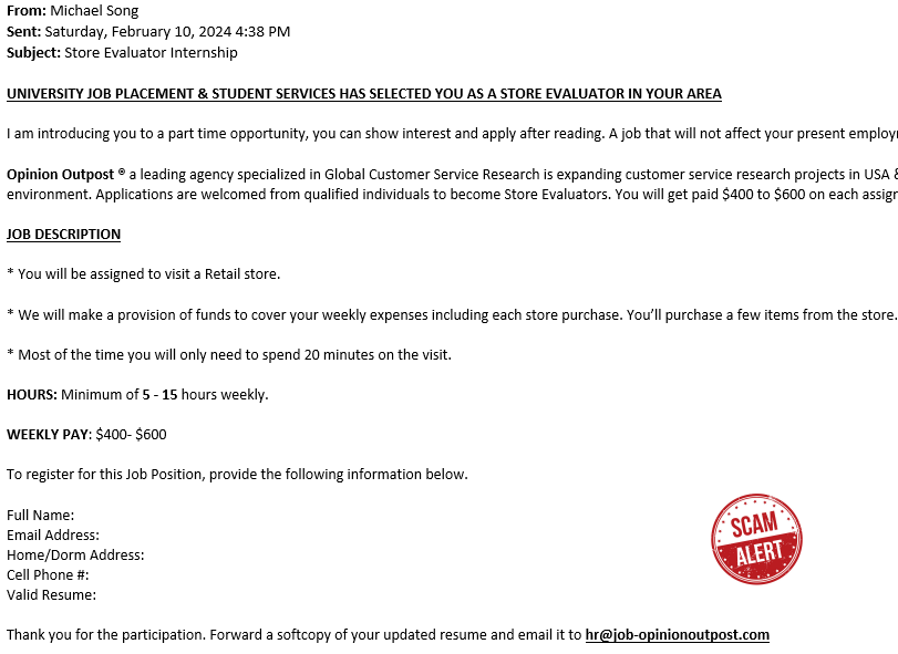 YorkU_Infosec's tweet image. 🚨Scam Alert!🚨 Beware of Job scam emails hitting your inbox. Always remember to verify the sender, check for poor grammar and never share personal information or click on the links attached. Report all suspicious emails to infosec@yorku.ca