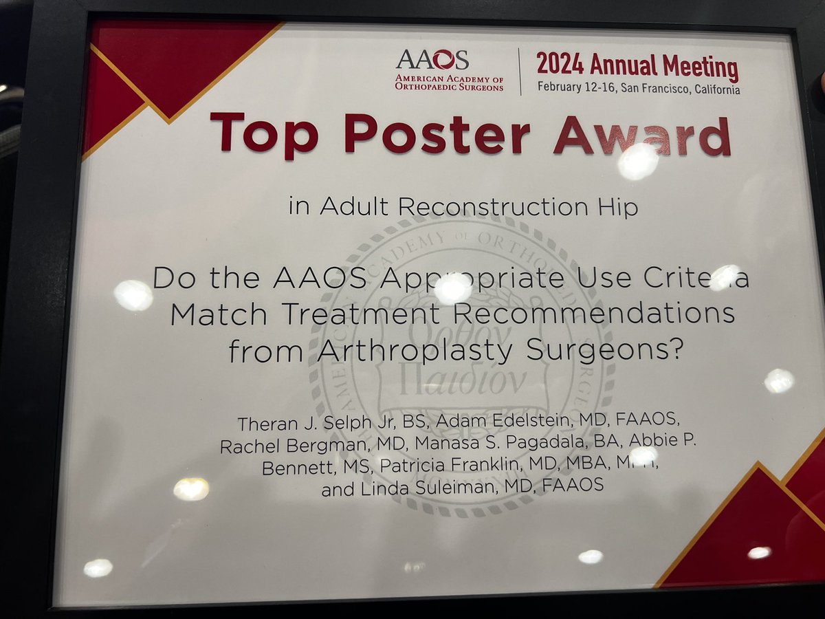 Incredibly proud of our research team! Congratulations to my two med students Jake Selphi and Manasa Pagadala @NMOrthopaedics for winning TOP POSTER IN ADULT HIP RECONSTRUCTION. Let’s keep inspiring the next generation of ortho surgeons 🔨🦴 @NUFeinbergMed