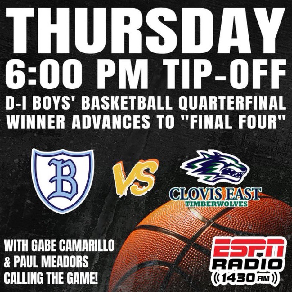 So many storylines in this game. D1 boys 🏀 quarterfinal round loaded with blockbuster matchups, and @1430ESPN is headed to Bullard HS for rematch between @ClovisEastMBB and @BHSKnightsHoops. Follow along on app or radio 📱📻 at 6pm.