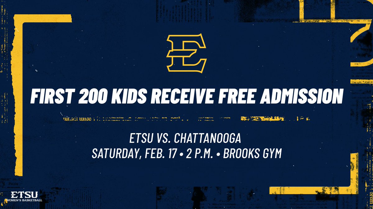 ETSUAthletics's tweet photo. Thanks to an anonymous donor to the Bucky's Buddies program, the first 𝟮𝟬𝟬 kids (12 and under) to Saturday's @ETSU_WBB game vs. Chattanooga will receive 𝗙𝗥𝗘𝗘 admission...
🏀Tip-off set for 2 p.m. inside Brooks Gym
🎟️ https://t.co/kRavLZlGwA • 423-439-3878
#BeGreat https://t.co/0kpup6ywFz