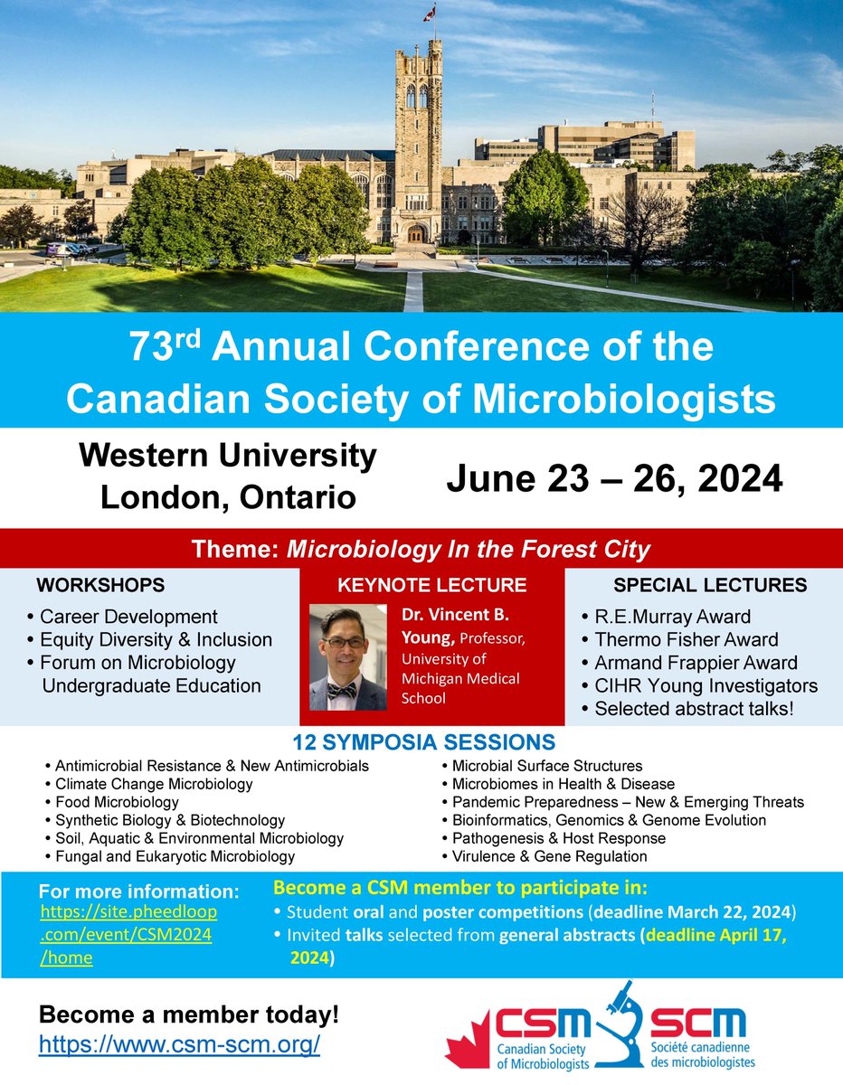 Please follow <a href="/CSM_SCM2024/">CSM 2024 Conference</a> and visit our conference Web Site to view our exciting speaker lineup site.pheedloop.com/event/CSM2024/… and register to attend our conference <a href="/WesternU/">Western University</a> <a href="/westernuMNI/">Microbiology & Immunology</a> <a href="/SchulichMedDent/">Schulich WesternU</a> <a href="/CSM_SCM/">Canadian Soc. Micro.</a>. Please repost.