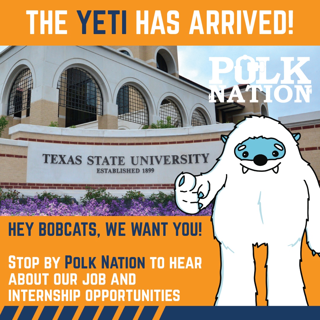 What happens when a Bobcat meets a Yeti? 

You'll find out when you stop by to learn about  #ConstructionCareers and #Internships in #CentralTexas at the Polk Nation booth today! 

#PolkNation #EatEmUp #TXST