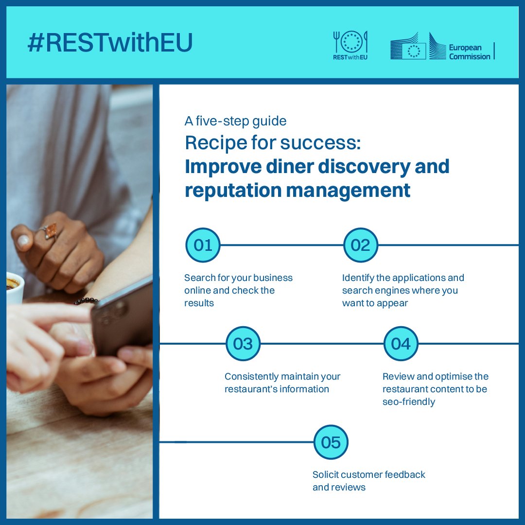 👨‍🍳 Would you like to know the recipe for success to improve your restaurant's reputation management? Discover a five-step guide and much more in the #RESTwithEU Pathway 01 Digital Presence Connecting with Diners!👇
…-digital-innovation-hubs.ec.europa.eu/system/files/2…