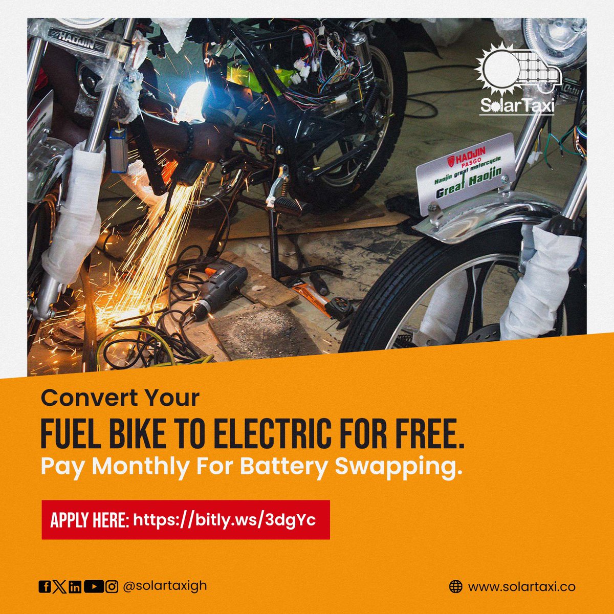 SolarTaxiGh's tweet photo. Tired of riding around town because of high #fuel prices?

You can convert your bike to #electric  in order save money. 

Apply today!!!.

Make the switch!
Go electric now! 
.
.

#solartaxi #solartaxigh #ev #erides #ebikes https://t.co/821yJMcq2Q