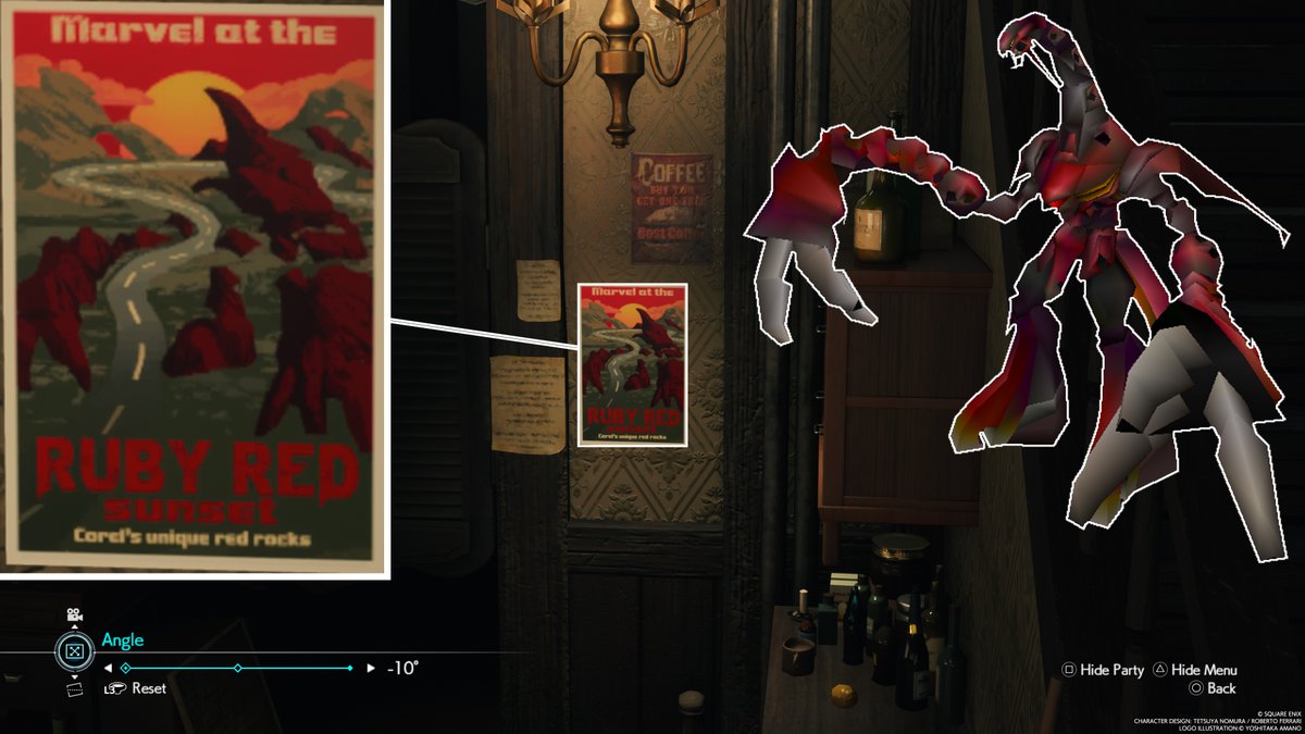 Nothing new for most of you, but a fantastic Easter egg can be found behind the reception desk in Nibelheim's Nidhogg Inn in #FFVIIRebirth's PSN demo. A poster that says "Marvel at the RUBY RED sunset - Corel's unique red rocks". Look closely and brace yourselves!
#CCOGems