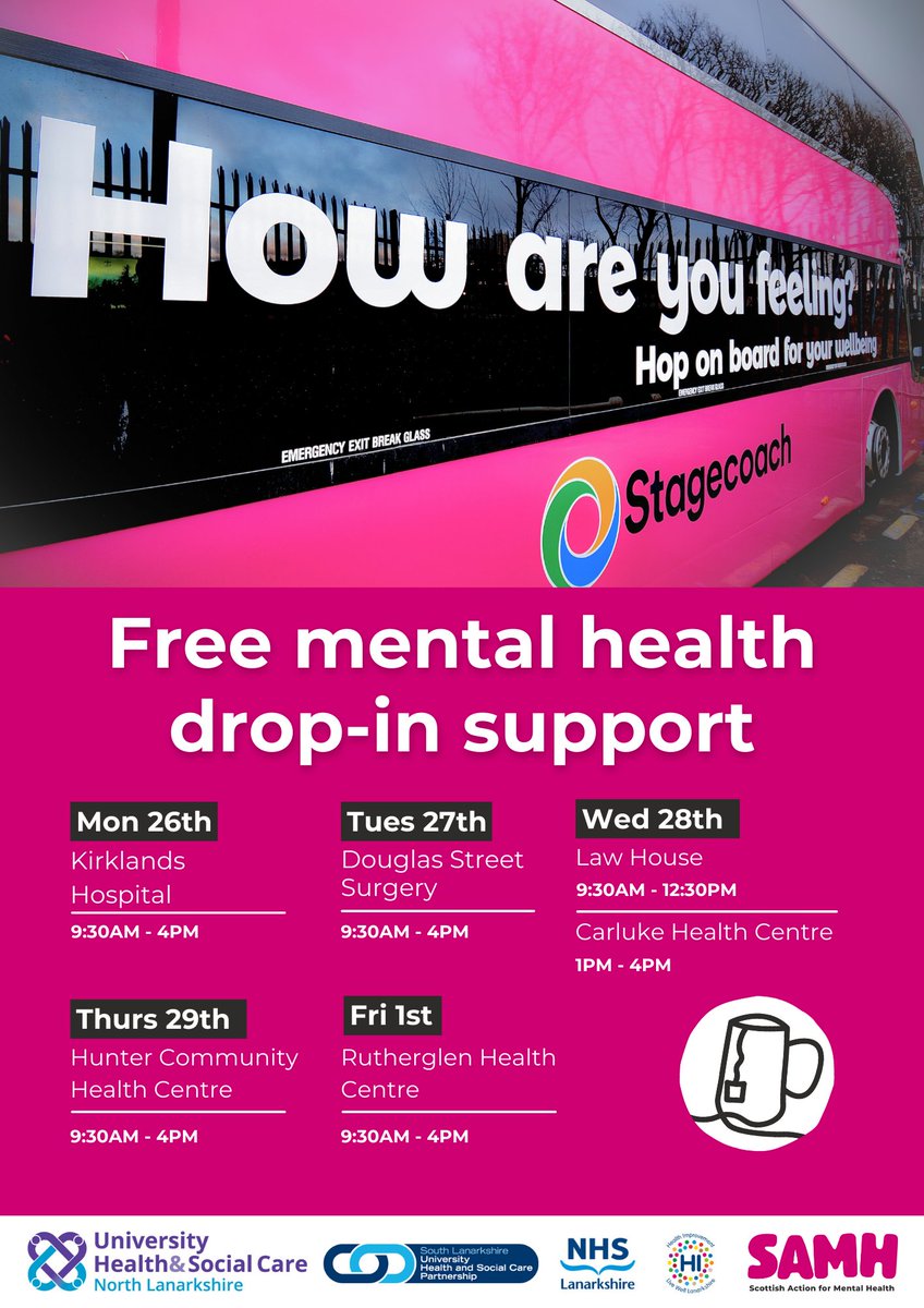 We are delighted to bring SAMH’s Wellbeing on Wheels service to Health Centres across Lanarkshire! Wellbeing on Wheels offers free one-to-one, peer-led mental health and wellbeing support to anyone aged 16+.