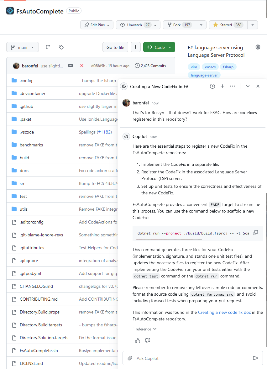 IonideProject's tweet image. Are you interested in contributing to #fsharp @IonideProject  or #FsAutoComplete but don&apos;t know how to start? Try asking #Copilot how to add a feature to the repository! Here&apos;s copilot showing how to add a new CodeFix, it does really well with very little guidance.