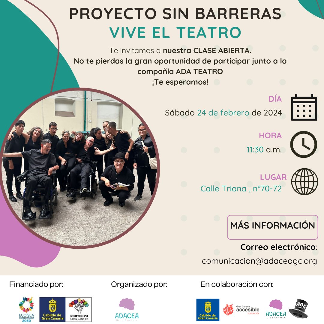 AdaceaGC's tweet image. Te invitamos a participar junto a la compañía ADA Teatro 🤗
Comparte con las personas integrantes de la primera compañía de teatro inclusiva una experiencia única. Donde reivindicaremos la participación activa de las personas con discapacidad en la sociedad 🙌
TE ESPERAMOS 👀