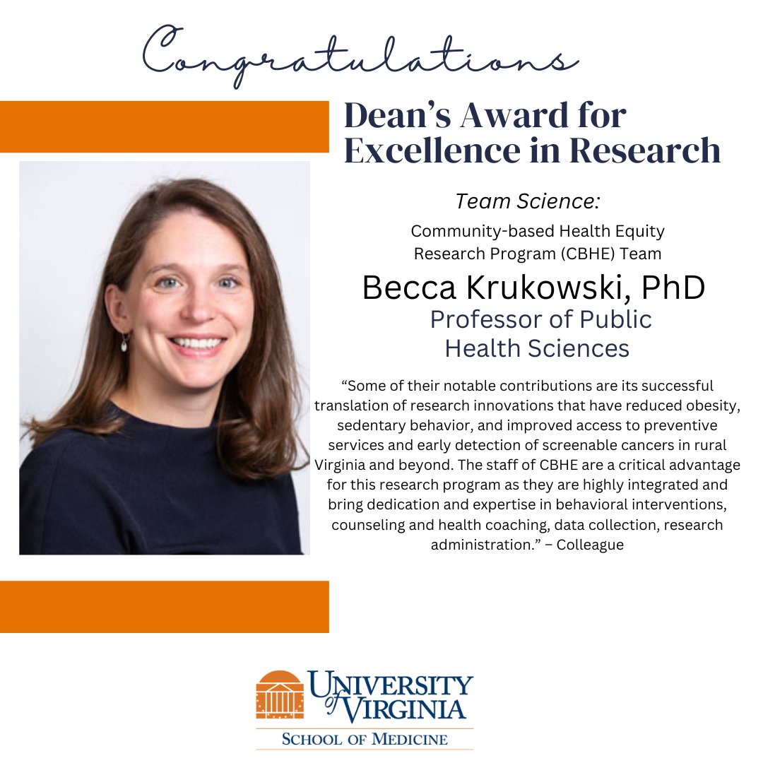 Please join us in congratulating Dr. Becca Krukowski, a recipient of the Dean's Award for Excellence in Research for Team Science.