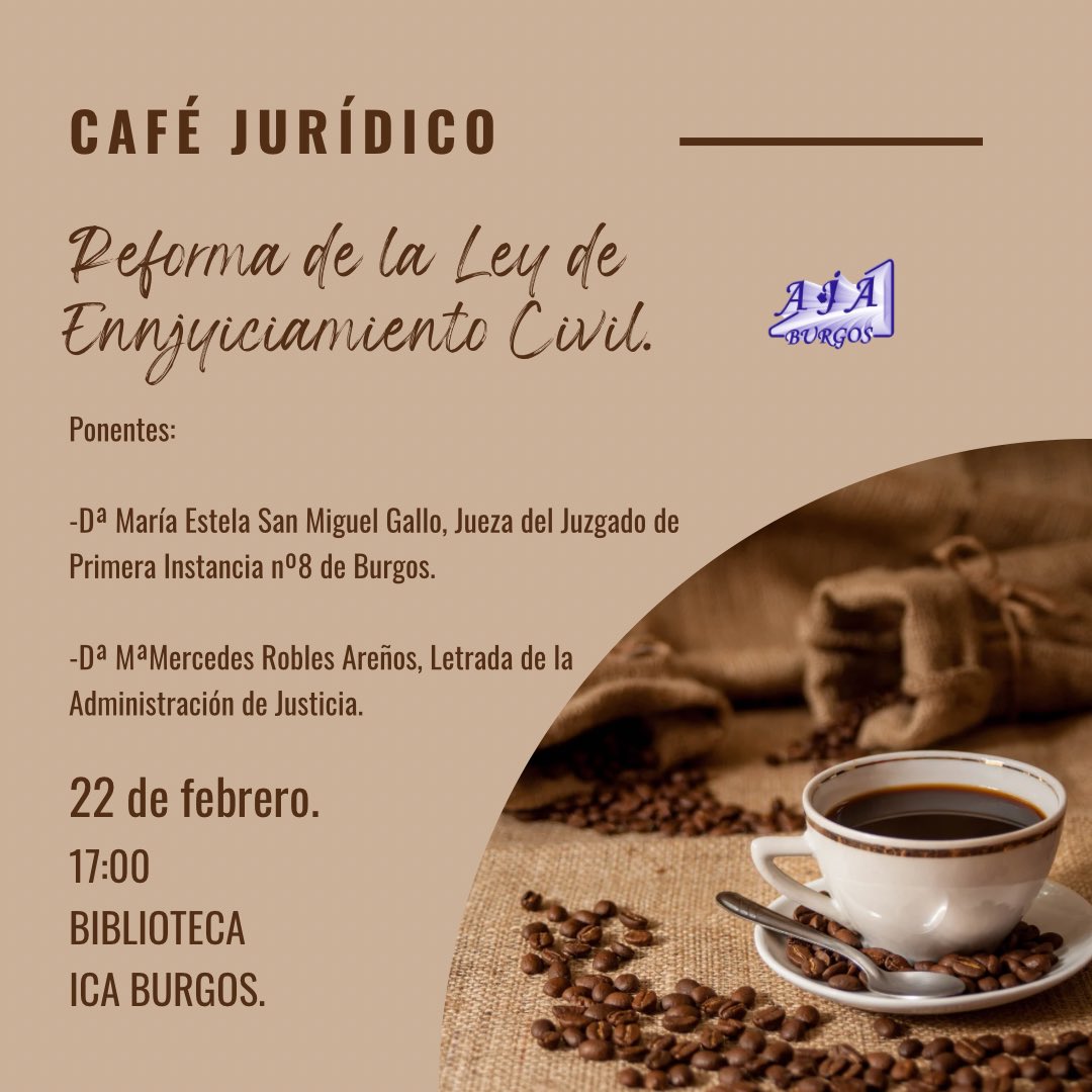 ☕️ CAFÉ JURÍDICO.
📆 22 de febrero de 2024.
⏰ 17:00.
📍Biblioteca ICA BURGOS.

👩‍⚖️“Reforma de la LEC”.

📃Ponentes: 

.-Dª Mª Estela San Miguel Gallo, Jueza del Juzgado de Primera Instancia n°8 de Burgos.

.-Dª Mª Mercedes Robles Areños, Letrada de la Administración de Justicia.