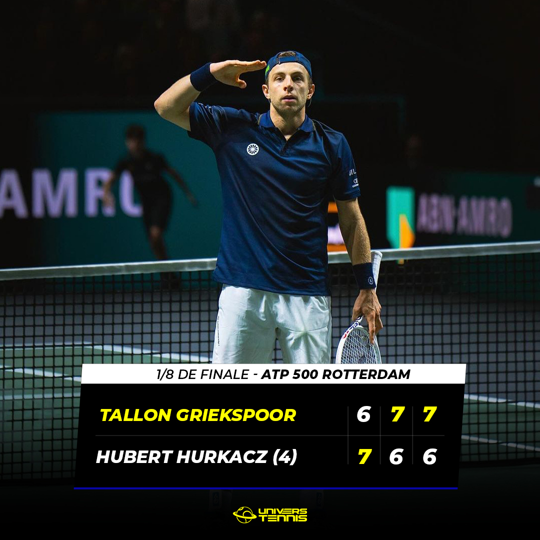 GRIEKSPOOR AUX COMMANDES 🫡

Après trois tie-breaks, Tallon Griekspoor décroche sa plus grande victoire en éliminant le n°8 mondial, Hubert Hurkacz, pour atteindre les 1/4 de finale à Rotterdam. 🔥🇳🇱

Il signe sa 13e victoire sur ses 14 derniers matchs aux Pays-Bas. 🤯