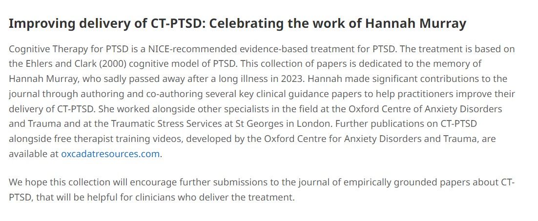We are launching a special collection of papers inspired by work of Hannah Murray, commemorating her influence. We hope to add to this over the years &amp; ensure her work inspires future generations of CBT therapists. 
buff.ly/3uzpDA2  
buff.ly/49i3W6C