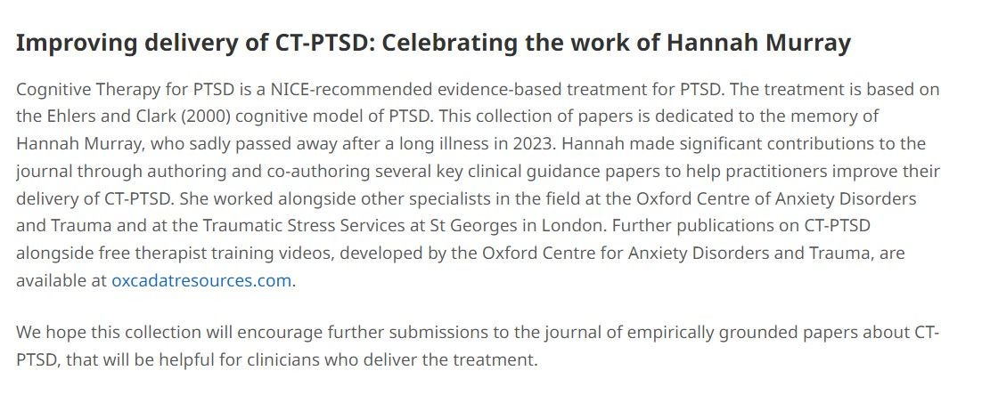 We are launching a special collection of papers inspired by work of Hannah Murray, commemorating her influence. We hope to add to this over the years & ensure her work inspires future generations of CBT therapists. buff.ly/3uzpDA2 buff.ly/49i3W6C