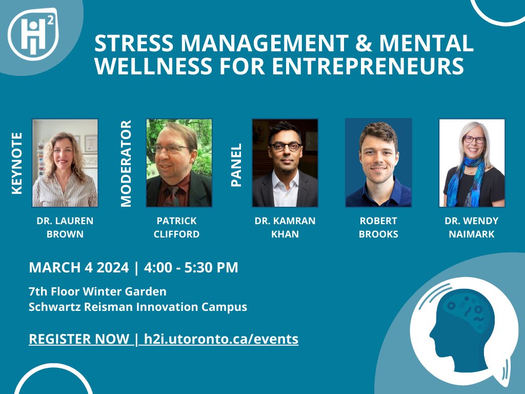 Did you know #UofTEntWeek is happening March 4-7? H2i's first event of the week will be Stress Management & Mental Wellness for Entrepreneurs! Register now to join us & give your brain a break before a busy Entrepreneurship Week: h2i.utoronto.ca/event/stress-m… #UofTStartup