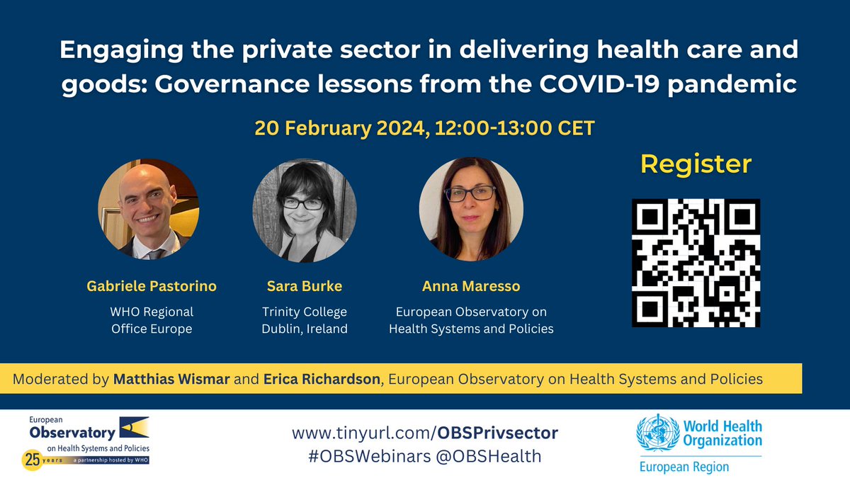The private sector was 🔑 to the pandemic response. 📊 So what can the data of the past years teach us about engaging the private sector? Join #OBSwebinars 🔜 20 Feb, 12h00 tinyurl.com/OBSPrivSector @WHO_Europe @sburx @tcddublin @TCDhpm @AnnaMaresso @matthiaswismar @OBShealth