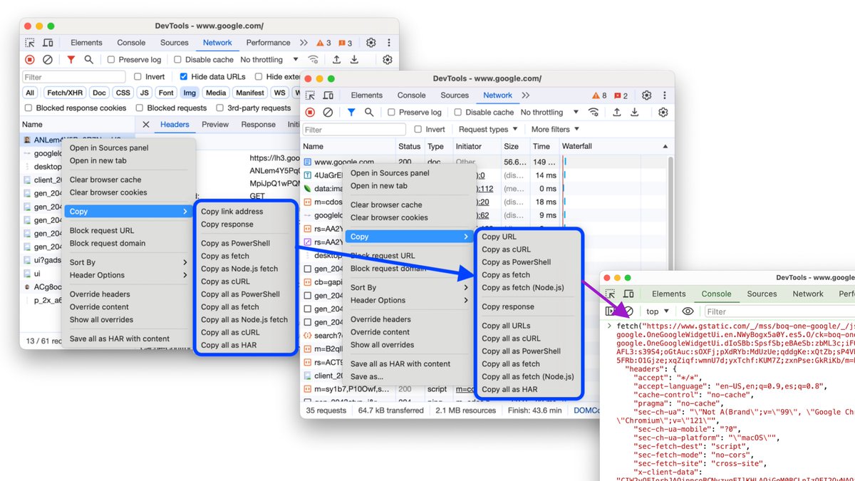 Addy Osmani (@addyosmani) on Twitter photo Tip: <a href="/ChromeDevTools/">Chrome DevTools</a> can reproduce any network request using "Copy as cURL", Fetch, Node, PowerShell etc. We just improved the organization of this menu too. Tip: <a href="/ChromeDevTools/">Chrome DevTools</a> can reproduce any network request using "Copy as cURL", Fetch, Node, PowerShell etc. We just improved the organization of this menu too.