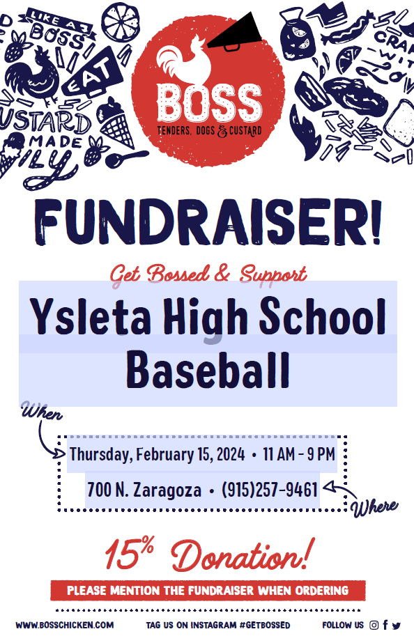 YHSIndiansbase1's tweet photo. Don't cook tonight!! Help support Ysleta Baseball tonight at Boss Chicken!! https://t.co/DPuVZXBW74