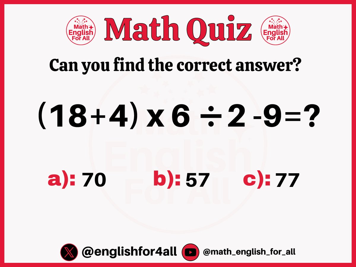Math #Quiz(15):
Can you find the 'Right Answer' ⬇️

Please  🔁+❤️+✍️+ Follow @englishfor4all🔔
#learnmath #maths #quiz #puzzles  #mathgame