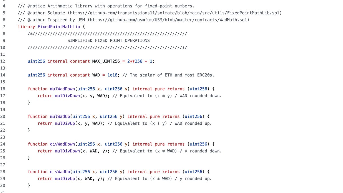 0xCharlesWang's tweet image. Complex Contracts Simple Explained: Solmate FixedPointMathLib

Let’s take a look at the following library from Solmate:

This might look scary for a new junior auditor. The good news is - it isn’t scary for much longer! 
Lets dive into it:

First you can see the library name:…