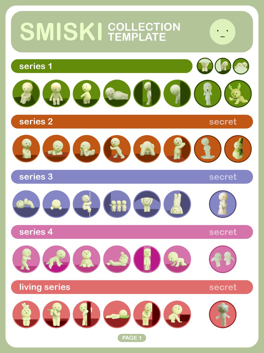 bobaisbest's tweet photo. i made a comprehensive smiski collection template instead of doing my actual job 💚 there’s actually a really good template out there already created by dearsmiskiki but it doesn’t include the misc stuff like bobbleheads and toothbrush stands and i collect those too sooooo https://t.co/JbqKhebg89