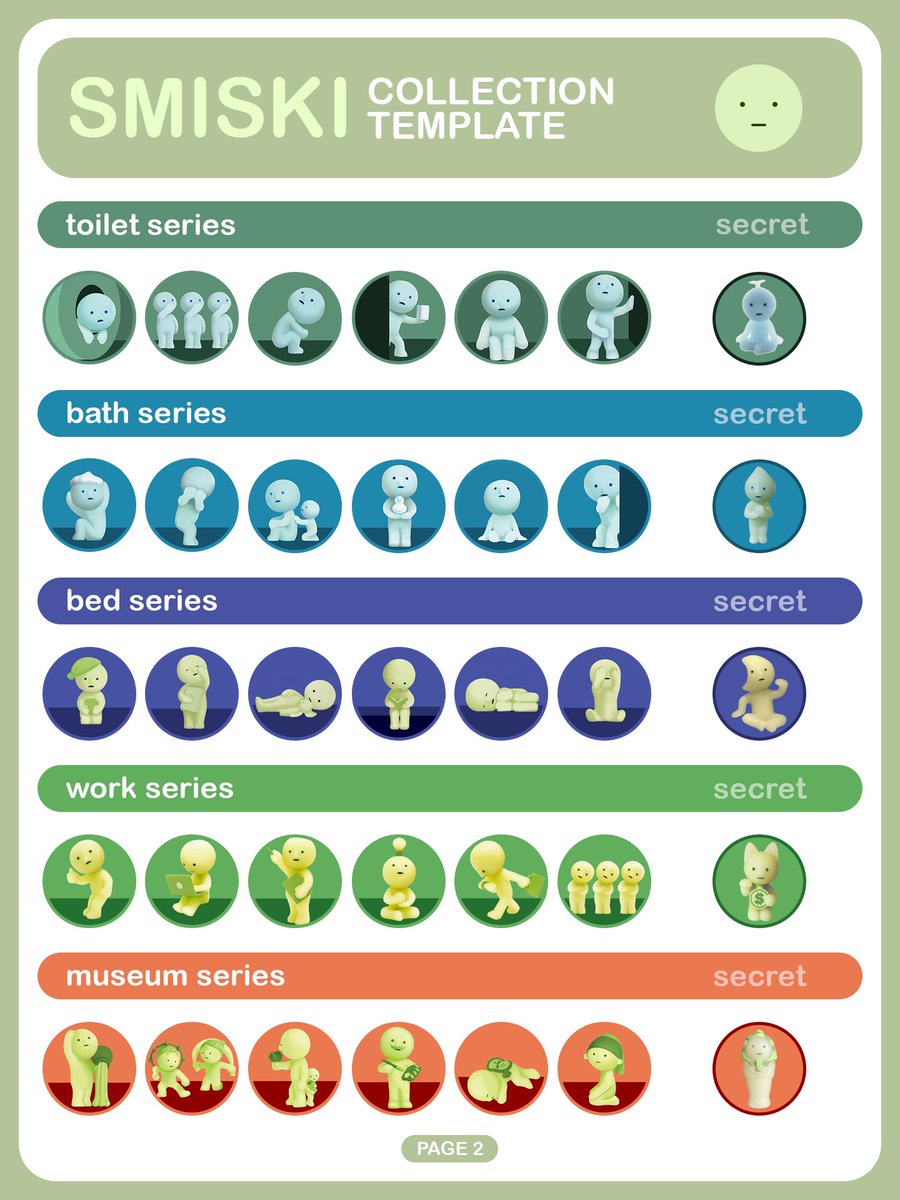 bobaisbest's tweet photo. i made a comprehensive smiski collection template instead of doing my actual job 💚 there’s actually a really good template out there already created by dearsmiskiki but it doesn’t include the misc stuff like bobbleheads and toothbrush stands and i collect those too sooooo https://t.co/JbqKhebg89