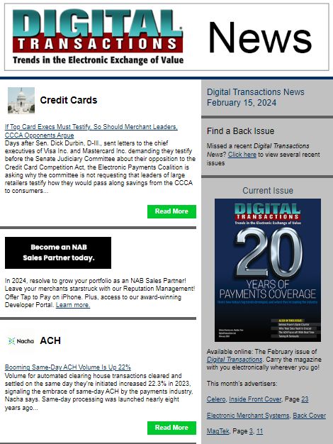 DTPaymentNews's tweet photo. Today’s Digital Transactions News: Retailers Should Testify, Too, EPC Argues; The Booming Same-Day ACH; Shift4’s AI-Based Site Builder
https://t.co/JUztAljuK5
#payments #CCCA #Durbin #routing #ACH #samedayACH #Nacha #restaurants #AItechnology #retailers #cardnetworks #legislation https://t.co/Io3Rx8Lkan
