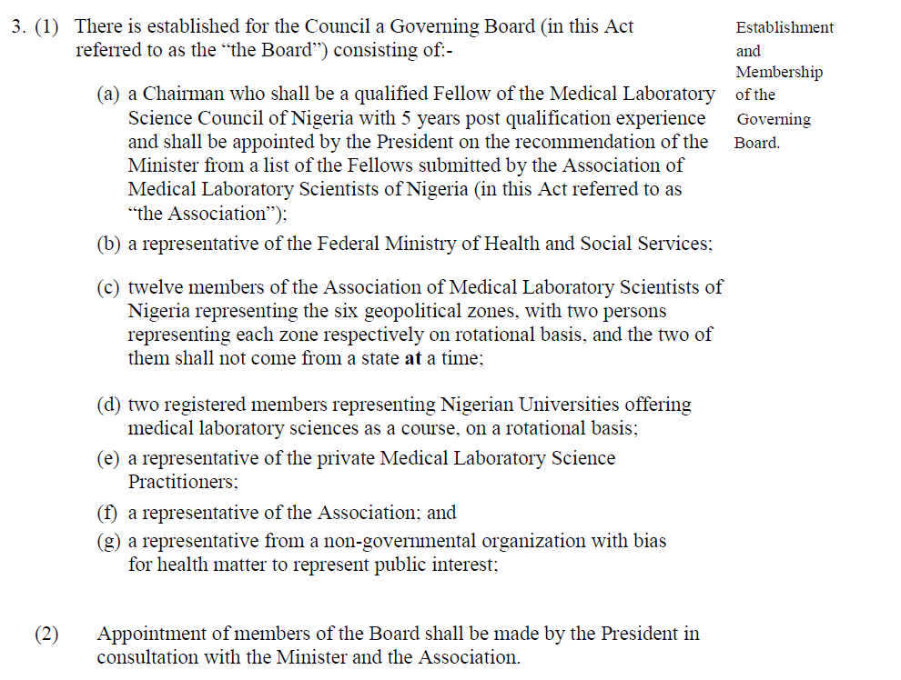 <a href="/officialABAT/">Bola Ahmed Tinubu</a>,
It is an aberration of the law establishing the Med. Lab. Sci. Council of Nigeria (MLSCN) to have a Medical Doctor as the Board Chair.
According to Section 3(1a) of the MLSCN Act, the Board Chair CAN ONLY be a Med. Lab. Scientist with MLSCN Fellowship
<a href="/AjuriNgelale/">Ajuri Ngelale</a>