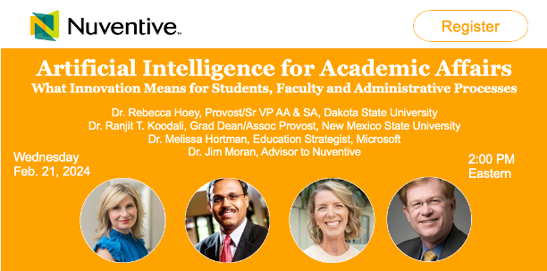 Nuventive_'s tweet photo. How is #AI impacting #AcademicAffairs? Don't miss this webinar with Dr. Rebecca Hoey, Provost @DakotaState, Dr. Ranjit Koodali, Assoc. Provost @NMSU, Dr. Melissa Hortman, Education Strategist @MicrosoftEDU &amp; moderator Dr. Jim Moran, advisor to @Nuventive_ https://t.co/HBmwqjMNmF https://t.co/xopcS2Rqlz