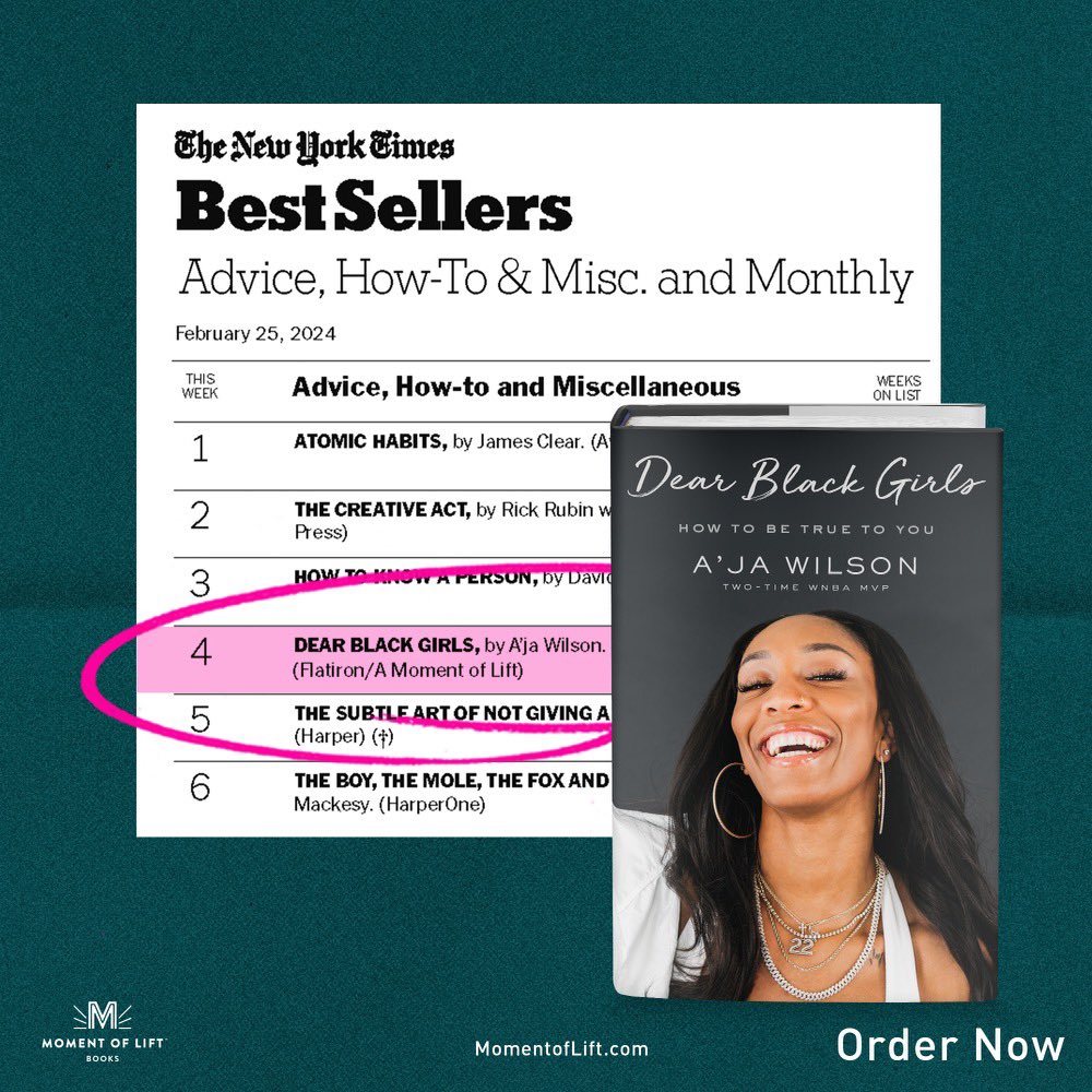 TOP TIER MOMENT ✨ Thrilled to announce that Dear Black Girls is officially a New York Times Best Seller! ✔️ 2x WNBA Champion  ✔️ 2x MVP  ✔️ 2x DPOY ✔️ New York Times Best Seller! can’t thank yall enough for making this happen 🤭🫶🏾
