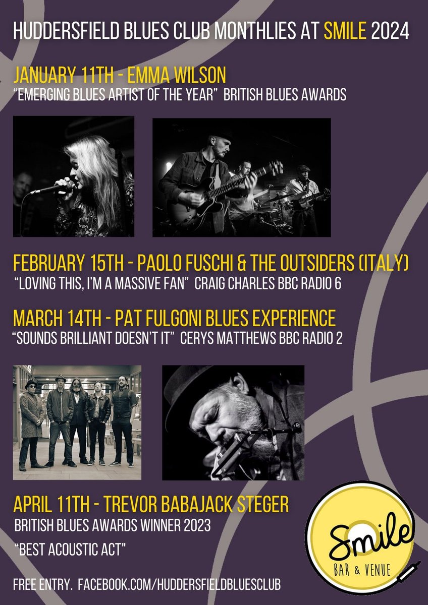 Round 2 of our blues monthlies in 2024 at <a href="/smilebarvenue/">Smilebarandvenue</a> #Huddersfield TONIGHT (15th Feb). 

<a href="/EmmaWilsonBlues/">Emma Wilson Blues</a> smashed it last month. TONIGHT We have the mighty <a href="/PaoloFuschi1/">Paolo Fuschi</a> and the Outsiders (Sicily / Manchester) + Spencer Grant. Come down

<a href="/patfulgoni/">Pat Fulgoni 🎤🎶</a> 14.3
<a href="/steger_trevor/">Trevor Babajack steger</a> 11.4