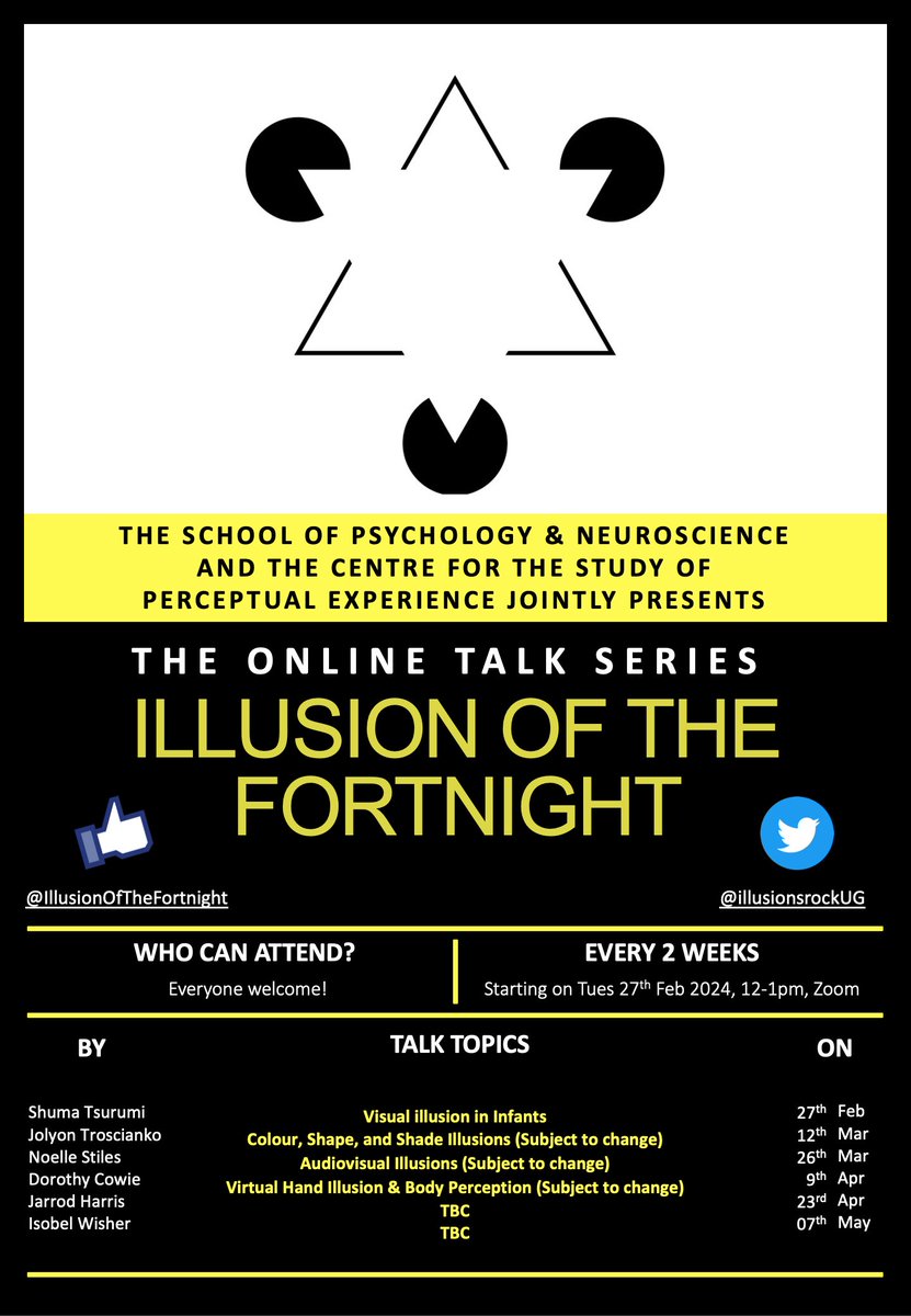 ⭐️ The next Illusion of the Fortnight talk is coming soon! ⭐️ Online (zoom) @UofGlasgow @UofGPsychNeuro @UofGCSPE. Next talk: Tuesday 27 Feb 12-1pm UK time, Shuma Tsurumi Full schedule below👇Want to join? Contact Derek.Brown.2@glasgow.ac.uk