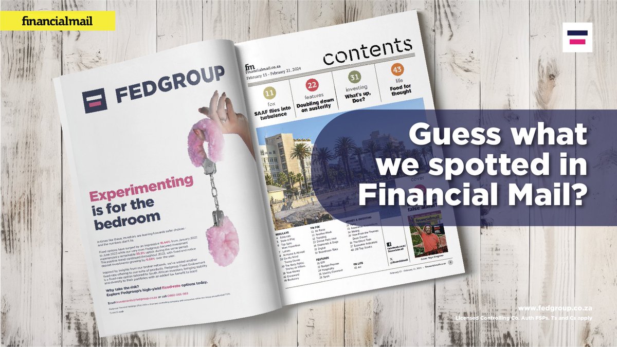 Fedgroup's tweet photo. π Guess what we spotted in @FinancialMail? π΅οΈββοΈOur ad, stealing the spotlight! π Let us know if you spotted it too?
#Fedgroup #FinancialMail #FixedInvestments https://t.co/3tTMZvCCds