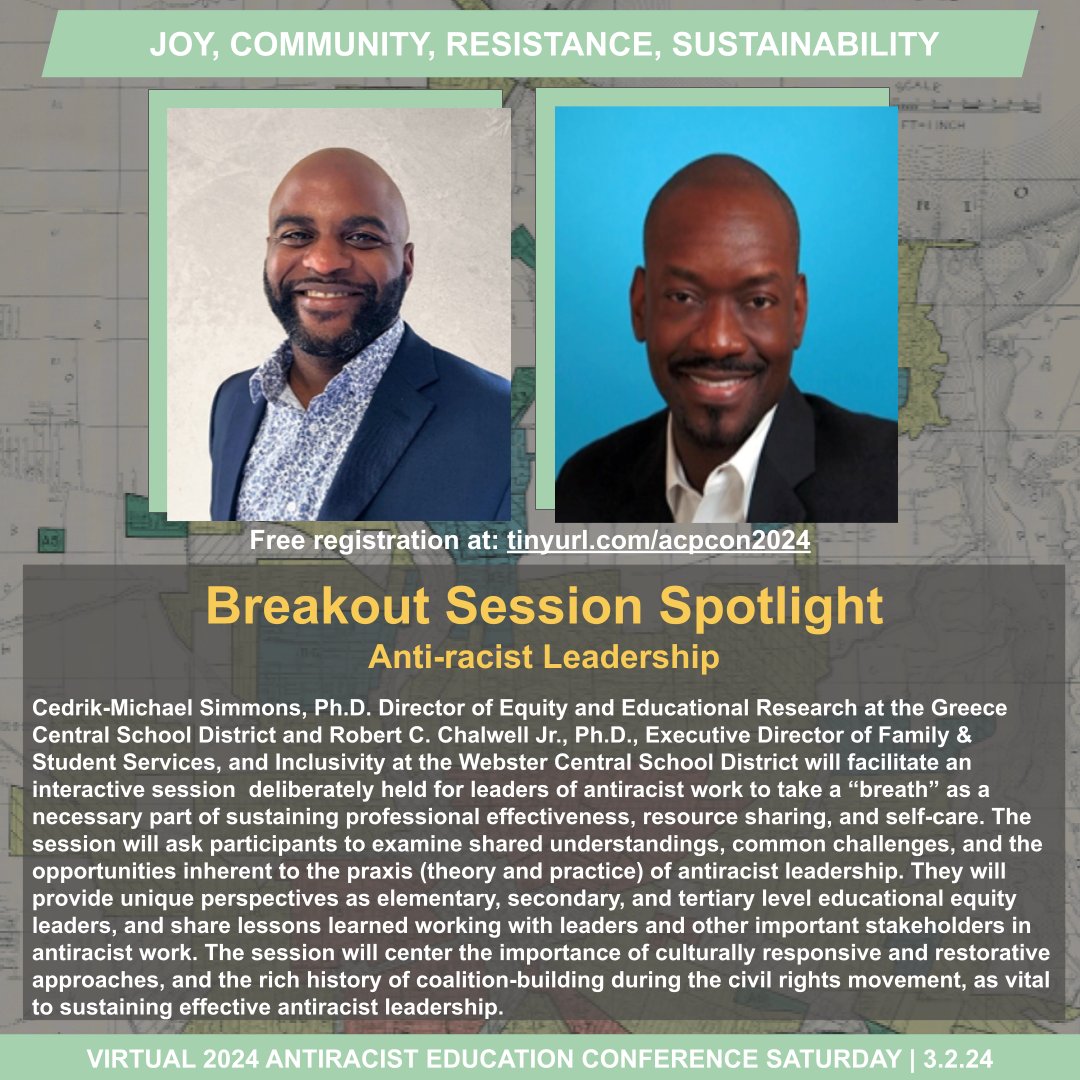 3/2/24 Antiracist Education Conference Spotlight:
Cedrik-Michael Simmons, Ph.D. Director of Equity and Educational Research at the GCSD and Robert C. Chalwell Jr., Ph.D., Executive Director of Family &amp; Student Services, and Inclusivity at WCSD
Register at tinyurl.com/acpcon2024