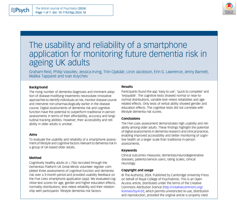 Erin Lawrence (@eringlawrence) on Twitter photo 📢New paper📢
Delighted to see our paper on the feasibility and reliability of a smartphone application for monitoring future #dementia risk out now in The British Journal of Psychiatry @grahamreidpsych <a href="/IvanKoychev/">Ivan Koychev</a> <a href="/TOjakaar/">Triin Ojakäär</a> <a href="/drjennybarnett/">Jenny Barnett</a> <a href="/TheBJPsych/">BJPsych Journals</a>
cambridge.org/core/journals/… 📢New paper📢
Delighted to see our paper on the feasibility and reliability of a smartphone application for monitoring future #dementia risk out now in The British Journal of Psychiatry @grahamreidpsych <a href="/IvanKoychev/">Ivan Koychev</a> <a href="/TOjakaar/">Triin Ojakäär</a> <a href="/drjennybarnett/">Jenny Barnett</a> <a href="/TheBJPsych/">BJPsych Journals</a>
cambridge.org/core/journals/…