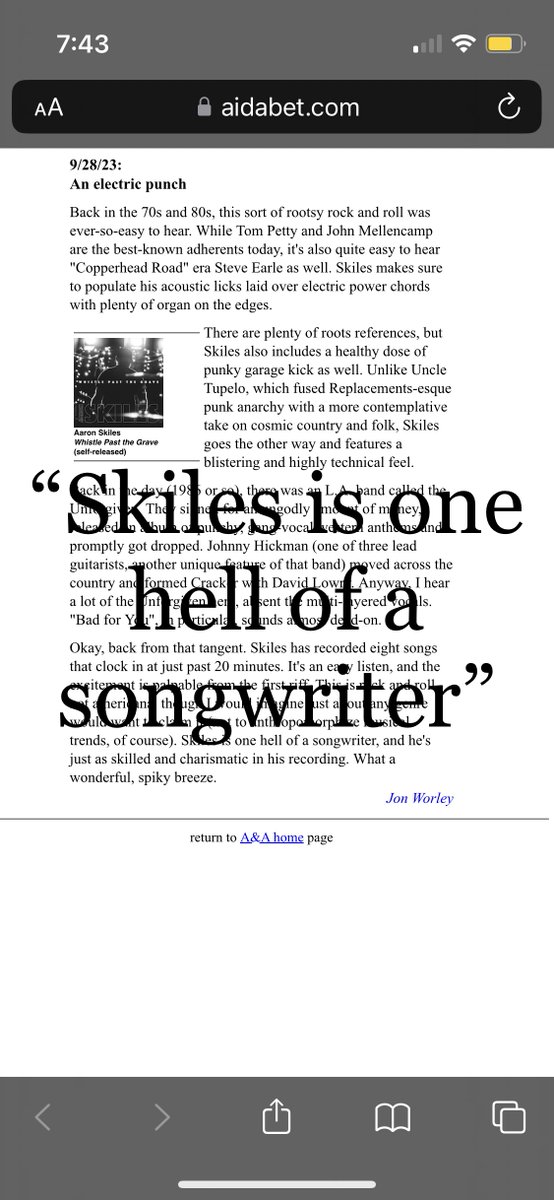 Aaron Skiles (@bourbon_therapy) on Twitter photo Nice to get a good #music #review of my #NEWALBUM WHISTLE PAST THE GRAVE, even if the comparable band was a shooting star
<a href="/davidclowery/">David C Lowery</a> there could be worse bands to be compared to than The Unforgiven, no? aidabet.com/2023/092823.ht…
#indiemusic #indierock #rocknroll #NewMusicAlert Nice to get a good #music #review of my #NEWALBUM WHISTLE PAST THE GRAVE, even if the comparable band was a shooting star
<a href="/davidclowery/">David C Lowery</a> there could be worse bands to be compared to than The Unforgiven, no? aidabet.com/2023/092823.ht…
#indiemusic #indierock #rocknroll #NewMusicAlert