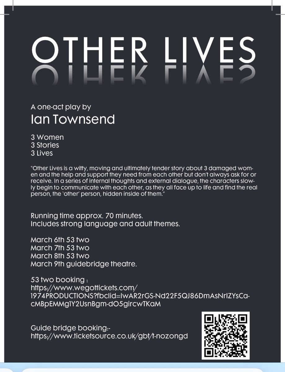 1974 Productions brings you a Brand new play from the writer of the award winning  "All The Bens".

"Other Lives is a witty, moving and ultimately tender story about 3 damaged women and the help and support they need from each other but don’t always ask for or receive.