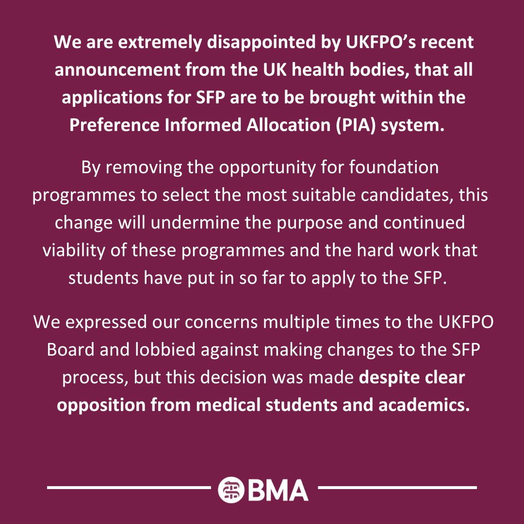 We fundamentally disagree with the decision by the UK Health bodies to move the Specialised Foundation Programme into the PIA system from 2025 and will fight for students by resisting this change in any way that we can.

Read the full statement 👇bma.org.uk/news-and-opini…